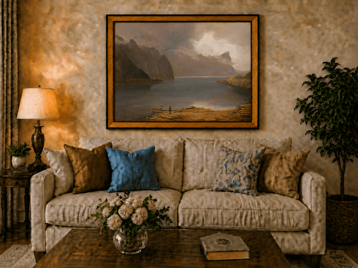 Landscape Oil Painting - Mountain Lake Steep Cliffs Boat