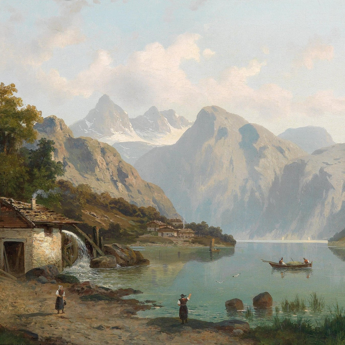 Landscape Oil Painting - Mountain Lake, Waterfall & Snow - Capped Peaks - Oil Painting Haven