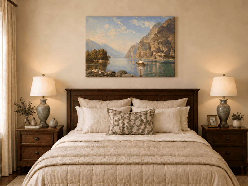 Peinture à l'huile de paysage - Lac de montagne avec bateau