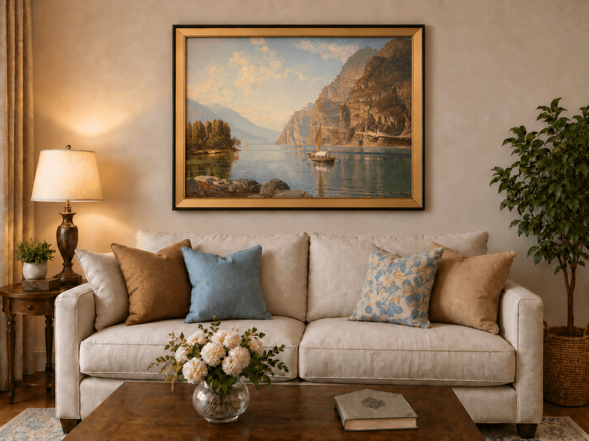 Peinture à l'huile de paysage - Lac de montagne avec bateau