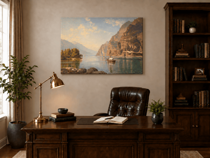 Peinture à l'huile de paysage - Lac de montagne avec bateau
