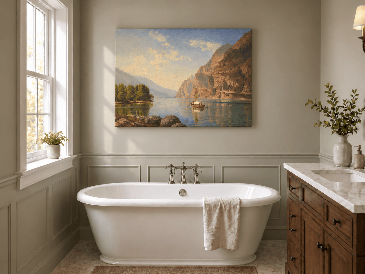 Peinture à l'huile de paysage - Lac de montagne avec bateau