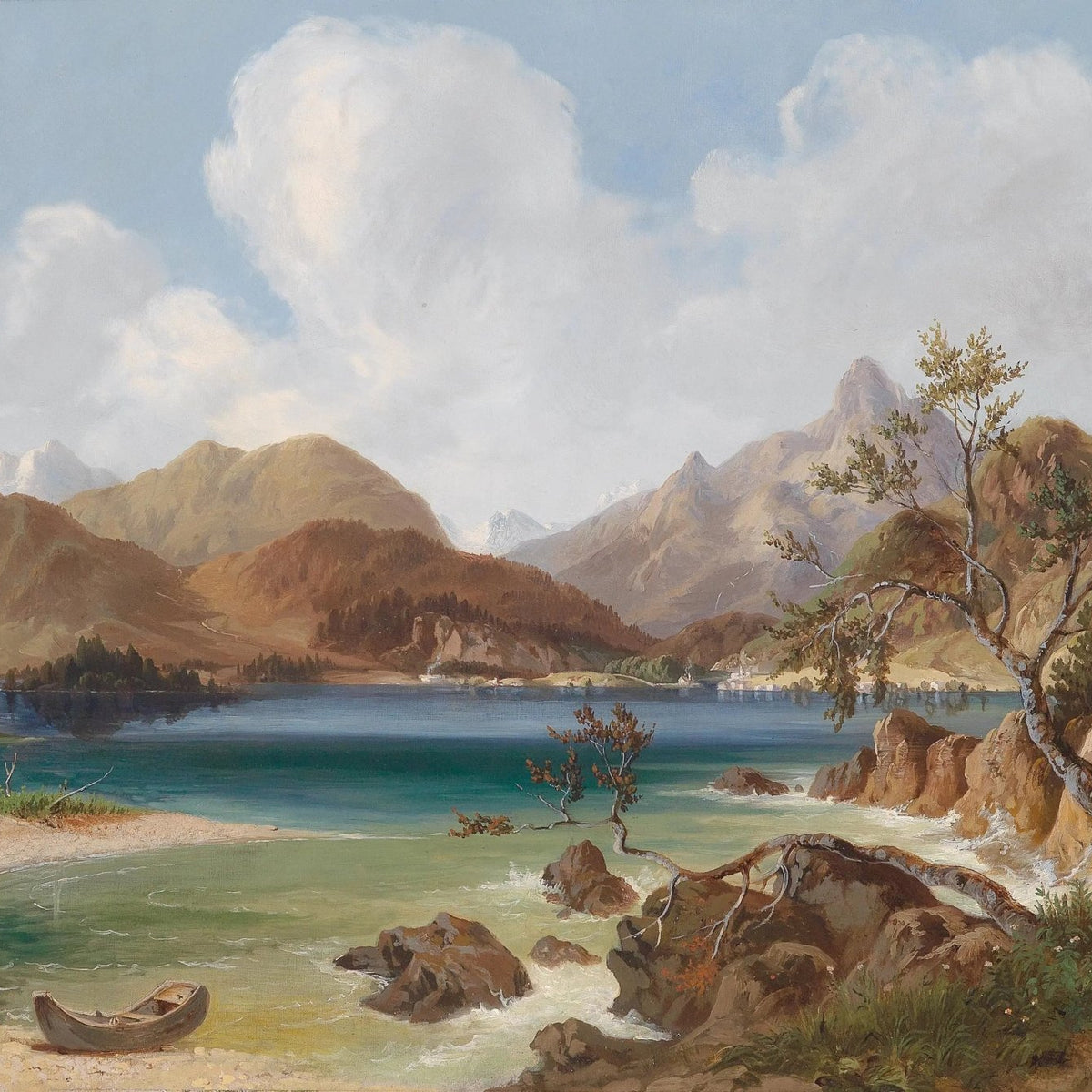 Landscape Oil Painting - Mountain Lake with Boat & Rocks - Oil Painting Haven