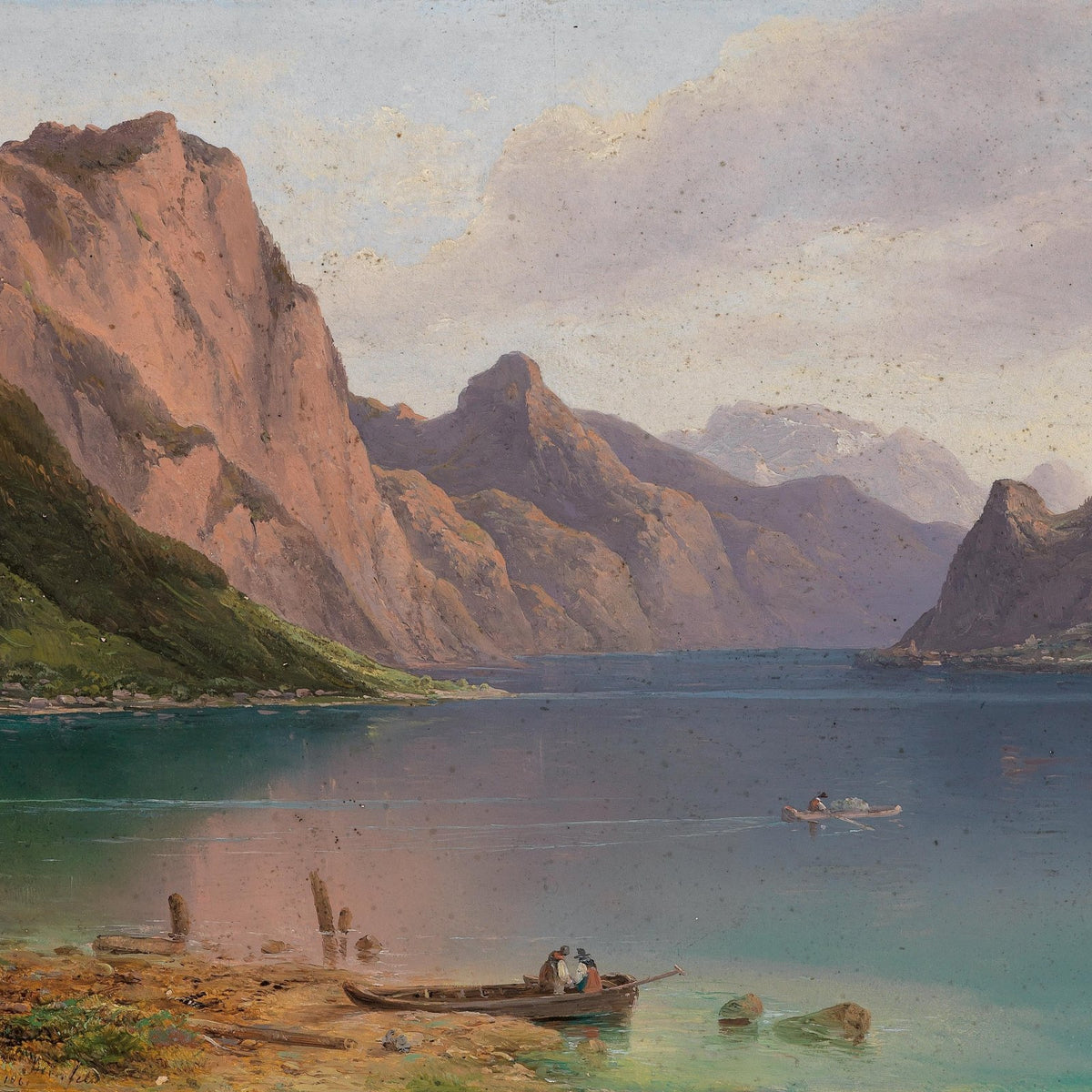 Hand-painted mountain lake with boats and cliffs landscape oil painting on canvas