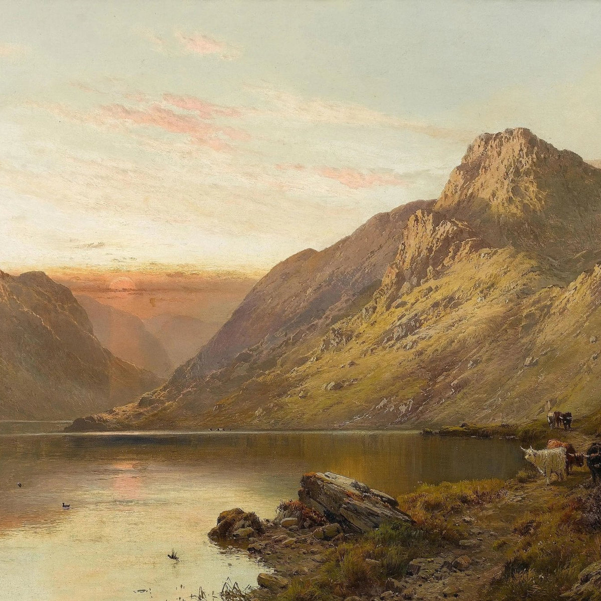 Landscape Oil Painting - Mountain Lake with Cattle & Sunset - Oil Painting Haven