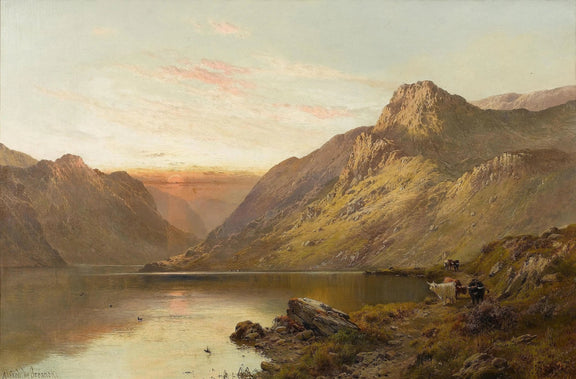 Landscape Oil Painting - Mountain Lake with Cattle & Sunset - Oil Painting Haven