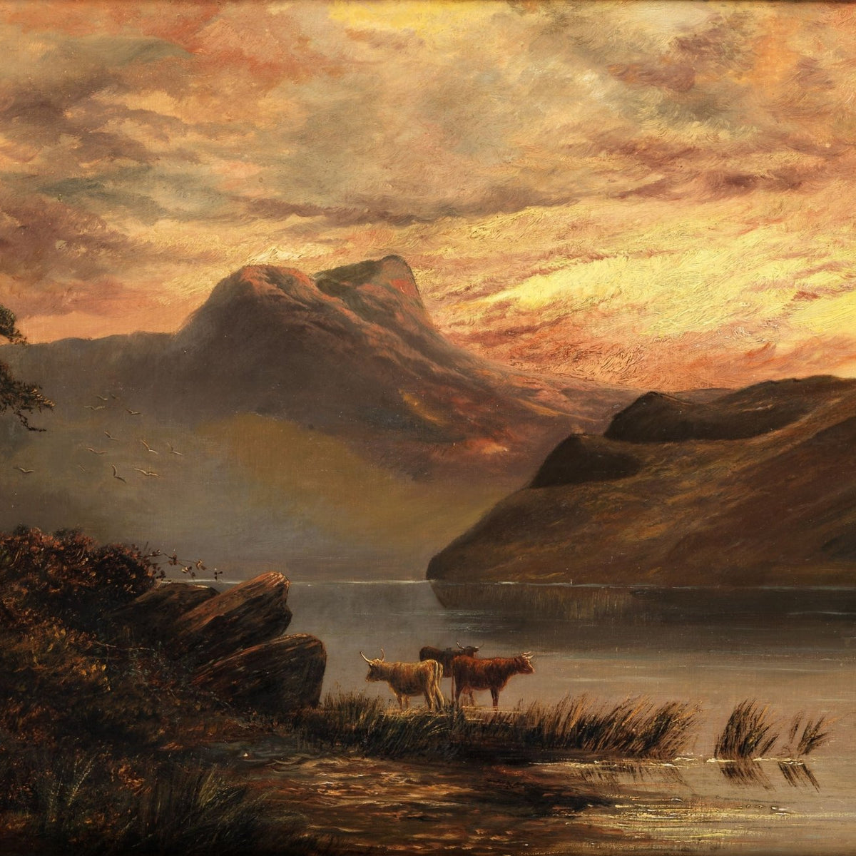 Hand-painted mountain lake with cows at sunset landscape oil painting on canvas