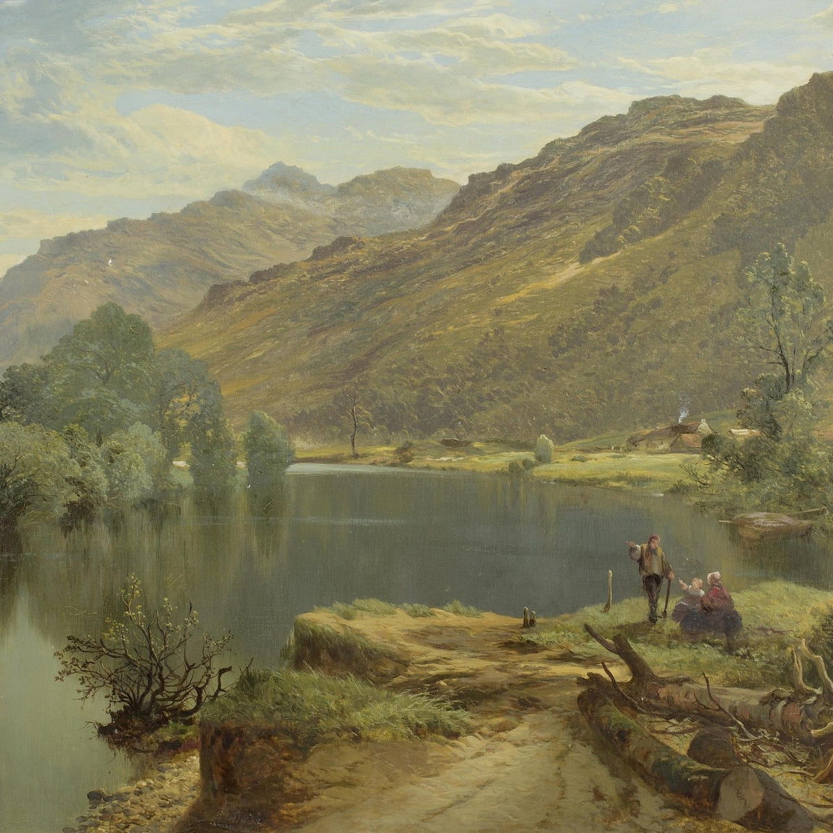 Hand-painted mountain lake with figures and hills landscape oil painting on canvas