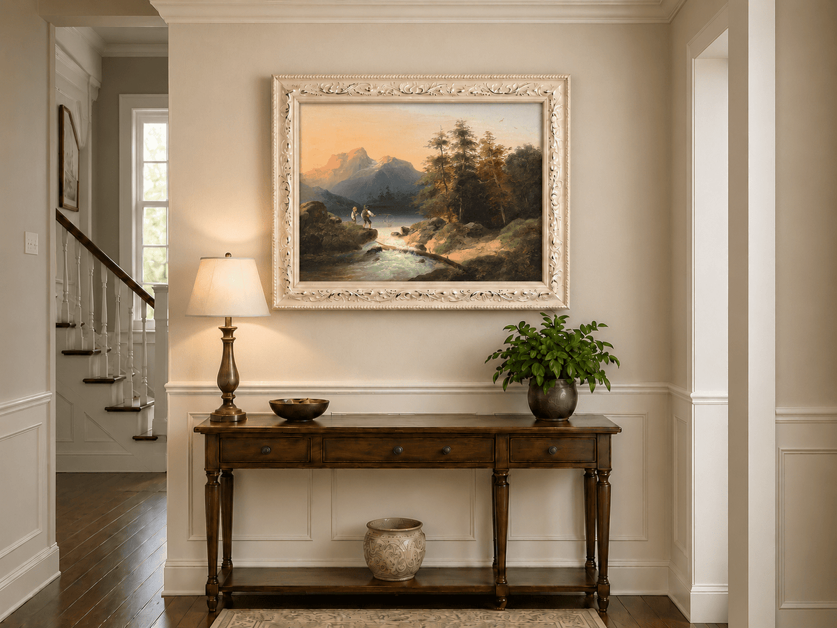 Landscape Oil Painting - Mountain Lake with Figures by a Stream