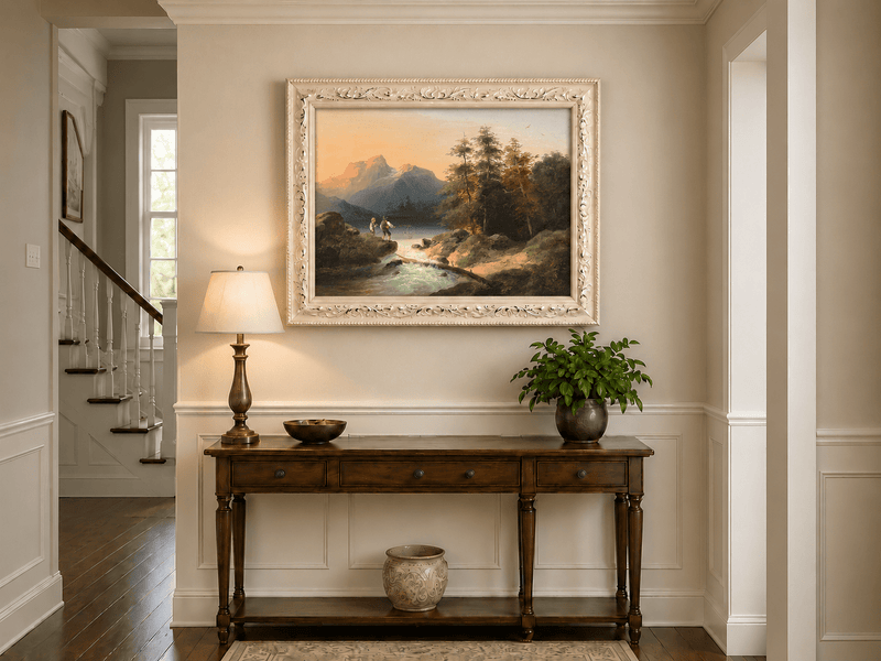 Landscape Oil Painting - Mountain Lake with Figures by a Stream