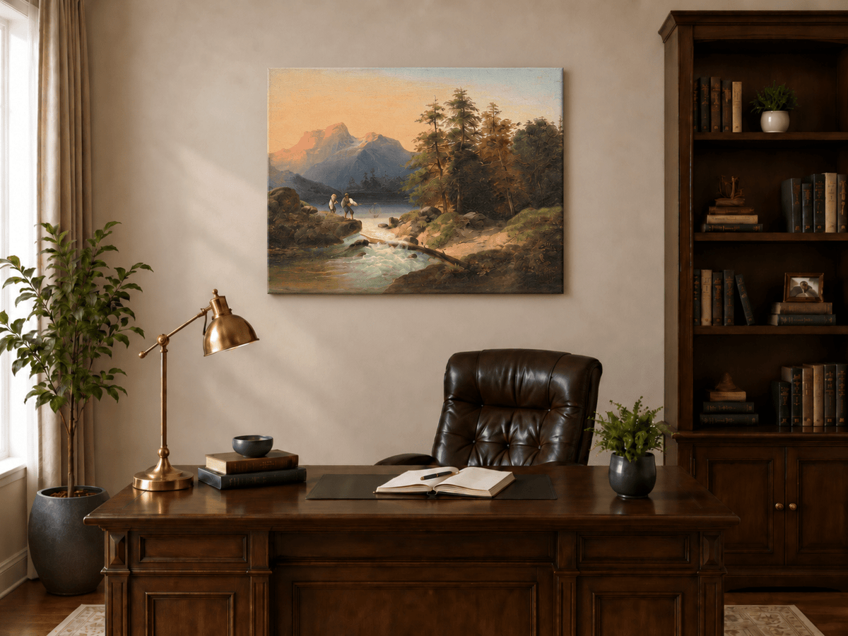 Landscape Oil Painting - Mountain Lake with Figures by a Stream