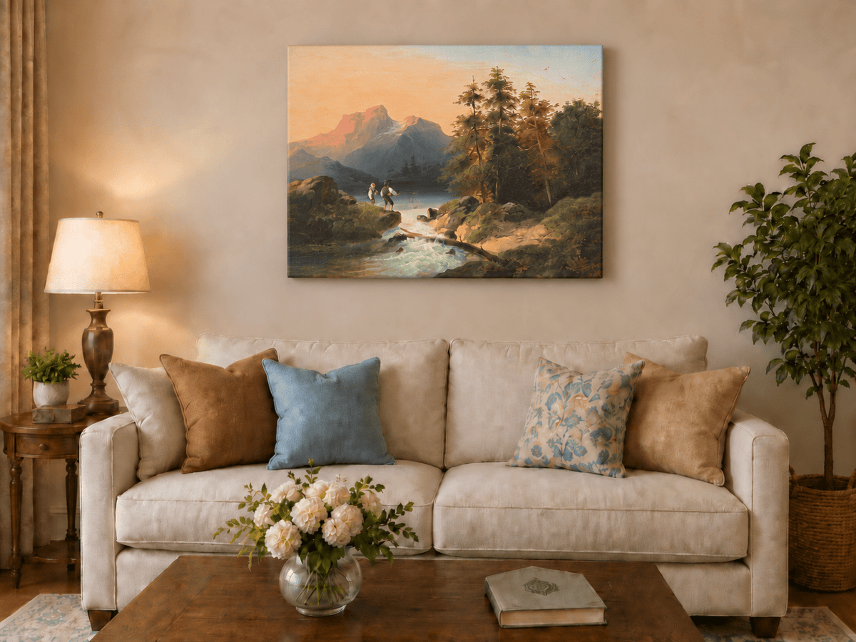 Landscape Oil Painting - Mountain Lake with Figures by a Stream