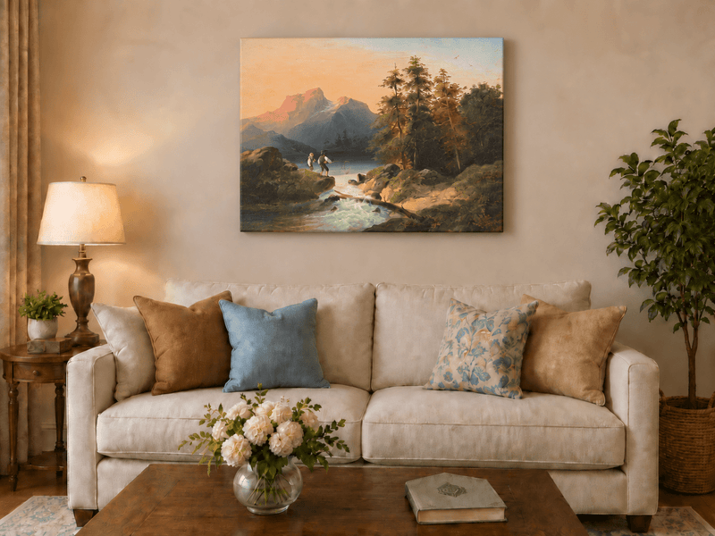 Landscape Oil Painting - Mountain Lake with Figures by a Stream