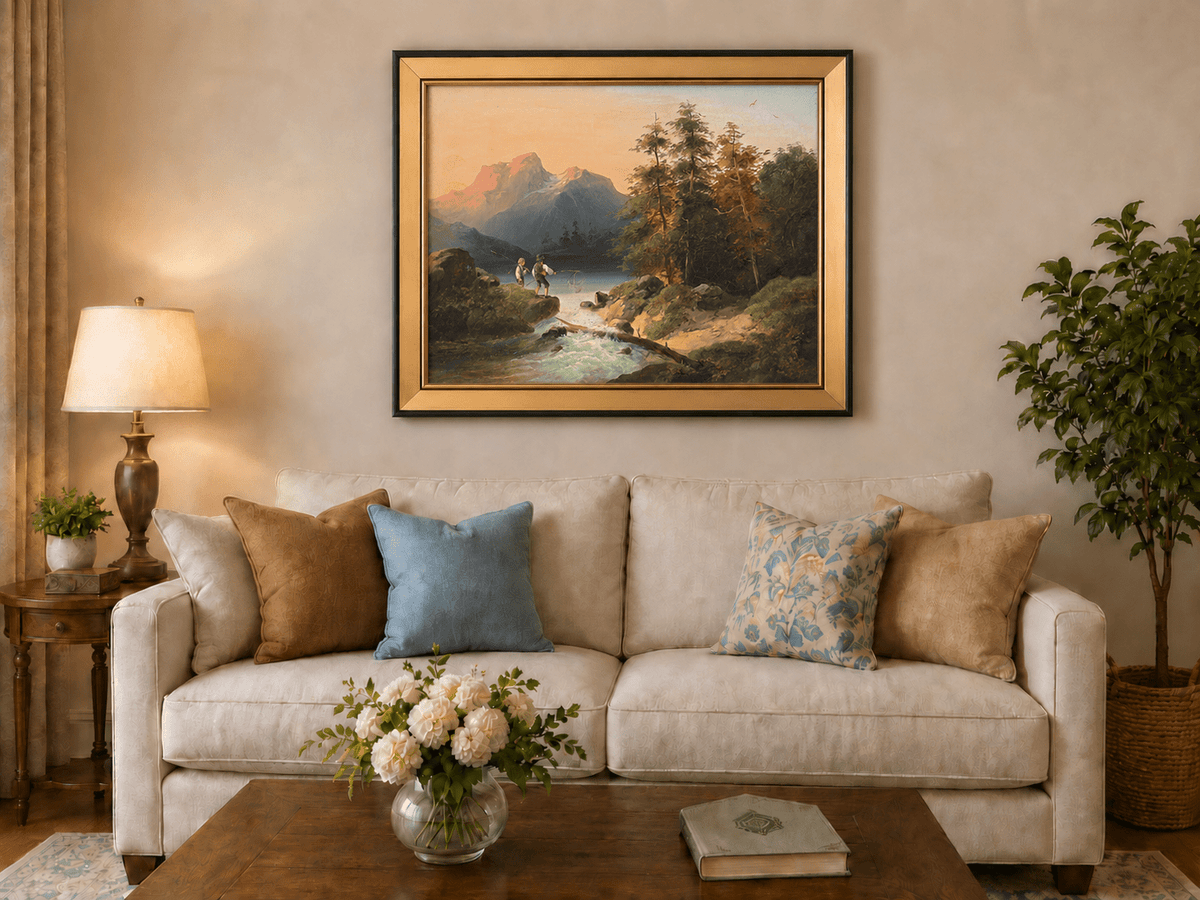 Landscape Oil Painting - Mountain Lake with Figures by a Stream