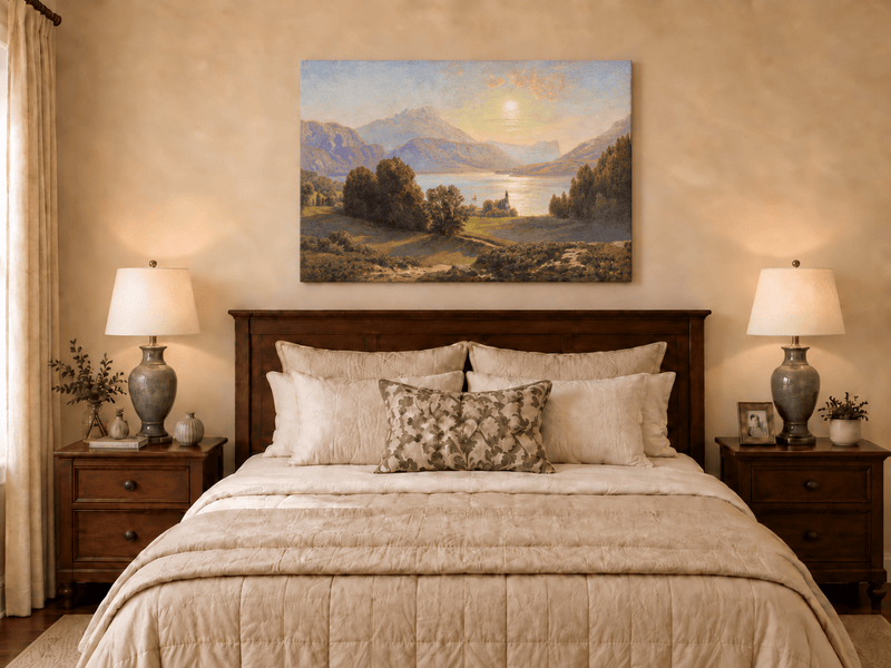 Landscape Oil Painting - Mountain Lake with Figures by a Stream