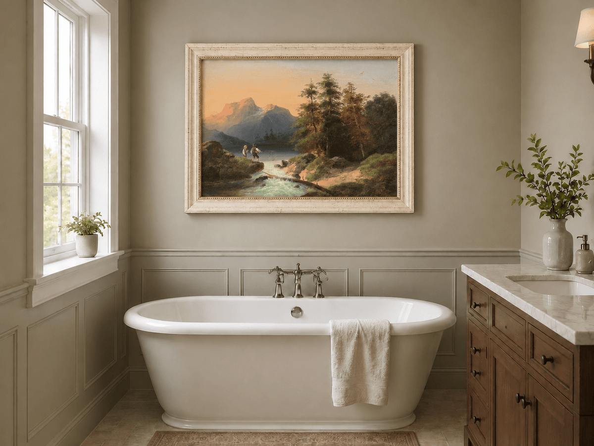 Landscape Oil Painting - Mountain Lake with Figures by a Stream
