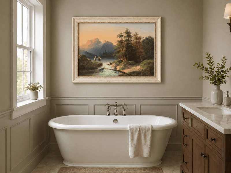 Landscape Oil Painting - Mountain Lake with Figures by a Stream