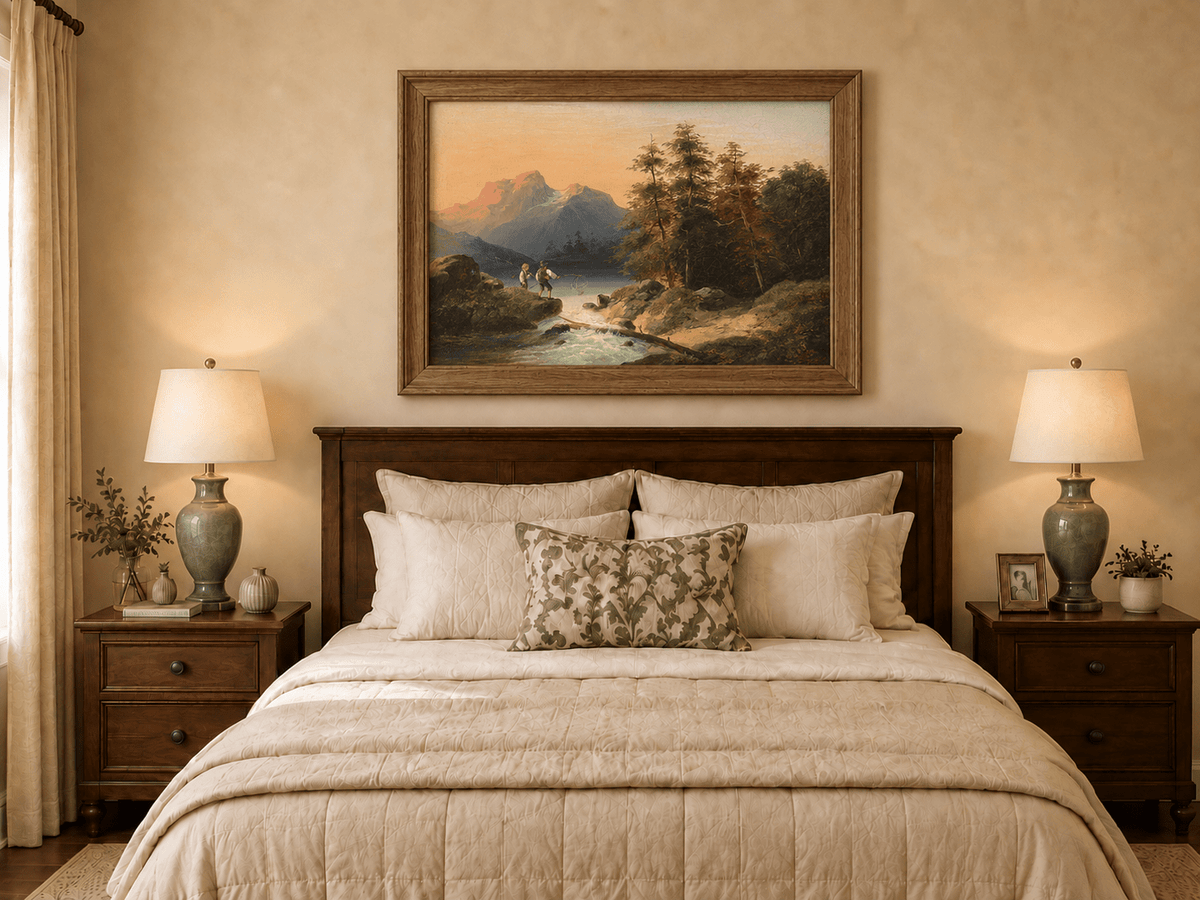 Landscape Oil Painting - Mountain Lake with Figures by a Stream