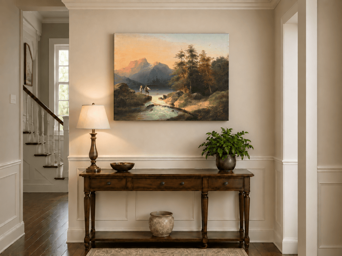 Landscape Oil Painting - Mountain Lake with Figures by a Stream
