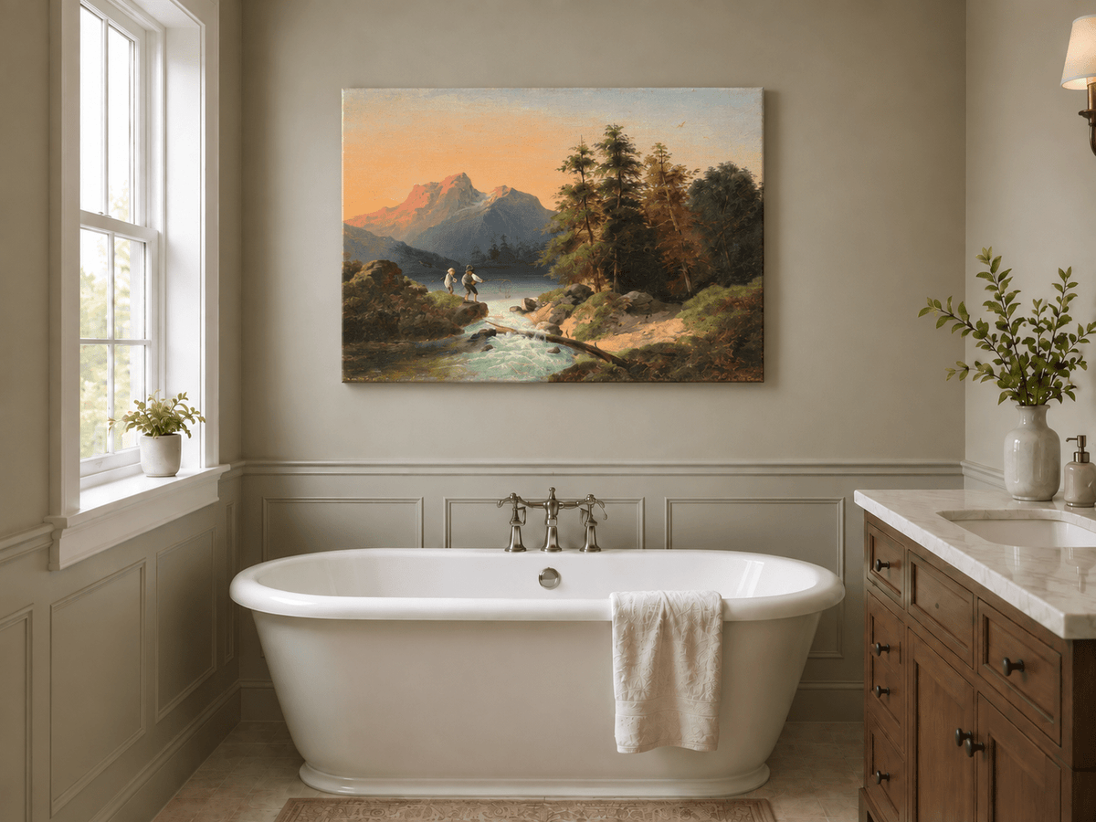 Landscape Oil Painting - Mountain Lake with Figures by a Stream