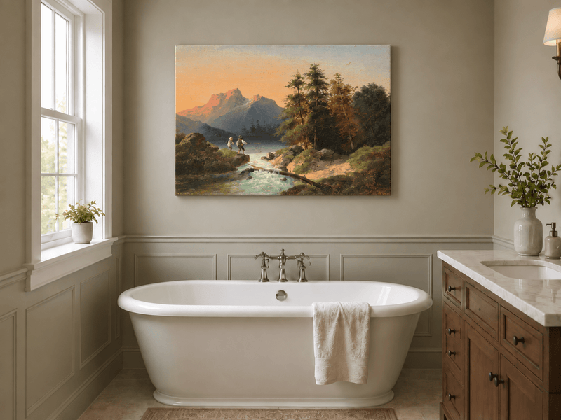 Landscape Oil Painting - Mountain Lake with Figures by a Stream