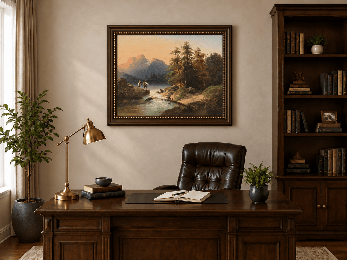 Landscape Oil Painting - Mountain Lake with Figures by a Stream