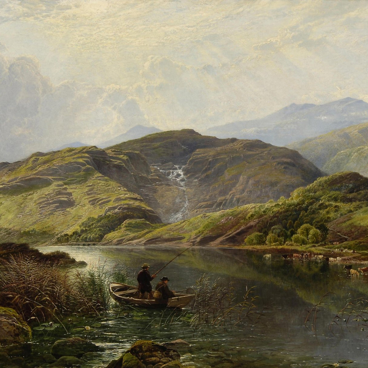 Landscape Oil Painting - Mountain Lake with Fishermen - Oil Painting Haven