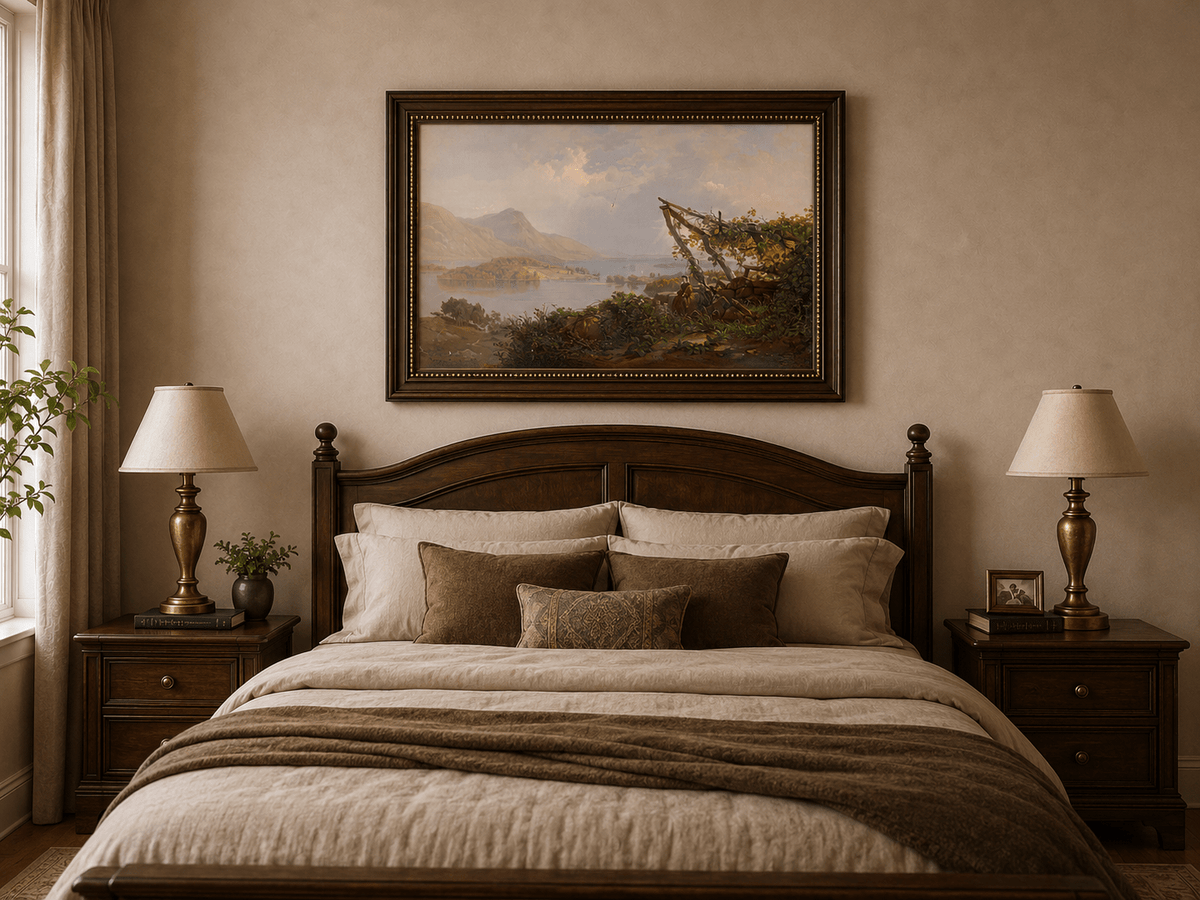 Landscape Oil Painting - Mountain Lake Woman by the Vineyard