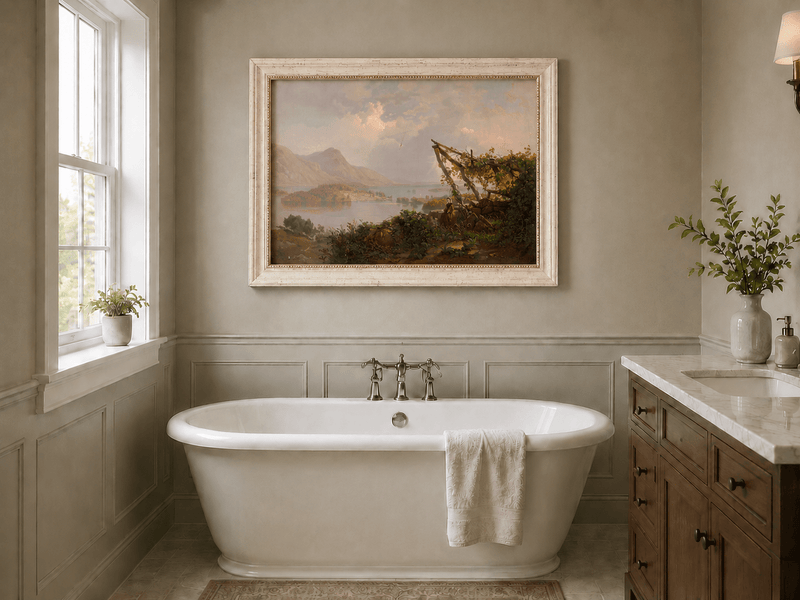 Landscape Oil Painting - Mountain Lake Woman by the Vineyard