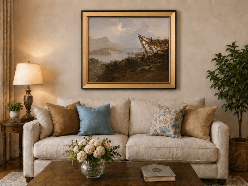 Landscape Oil Painting - Mountain Lake Woman by the Vineyard