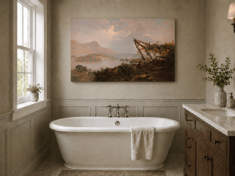 Landscape Oil Painting - Mountain Lake Woman by the Vineyard