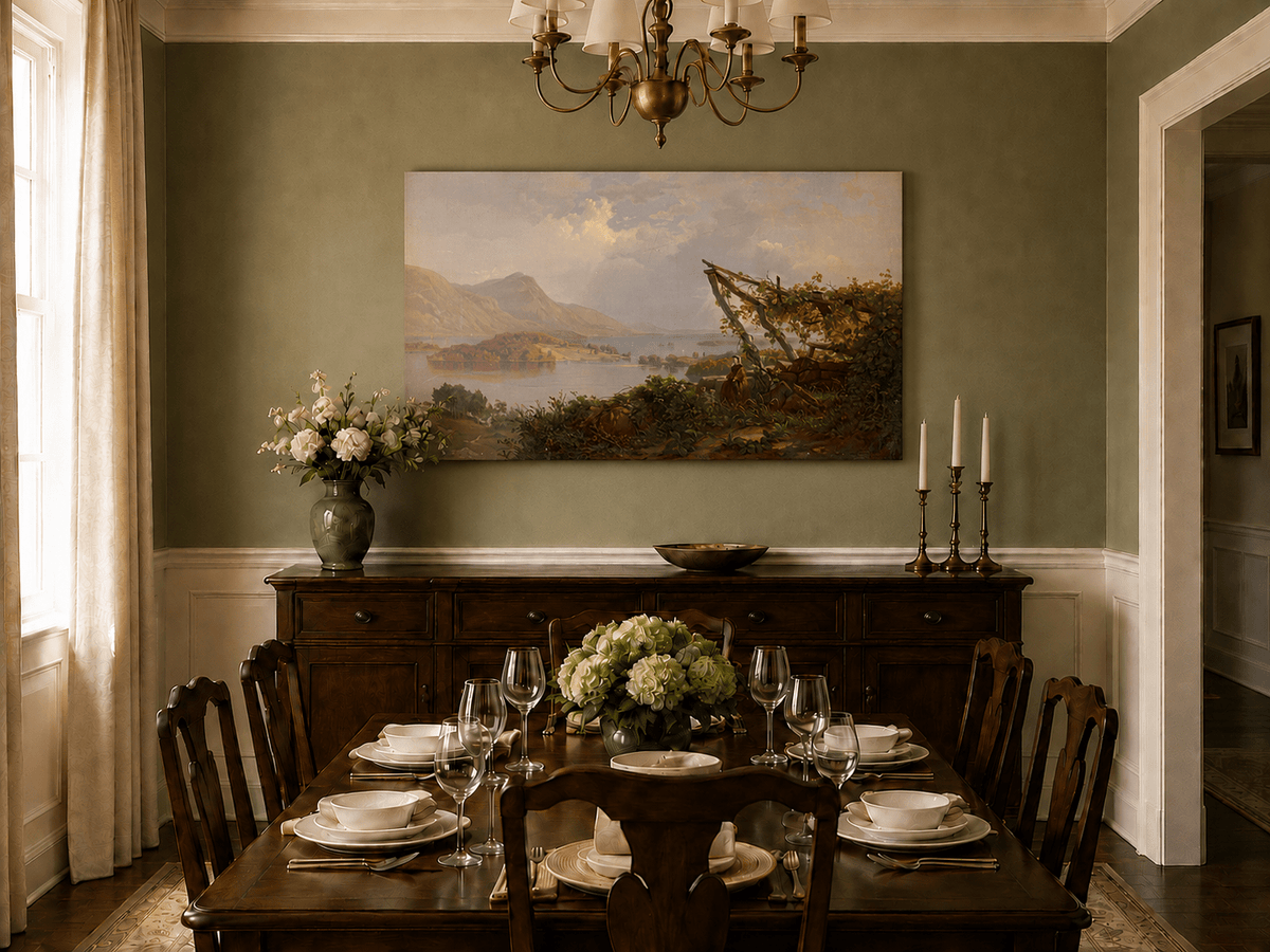 Landscape Oil Painting - Mountain Lake Woman by the Vineyard