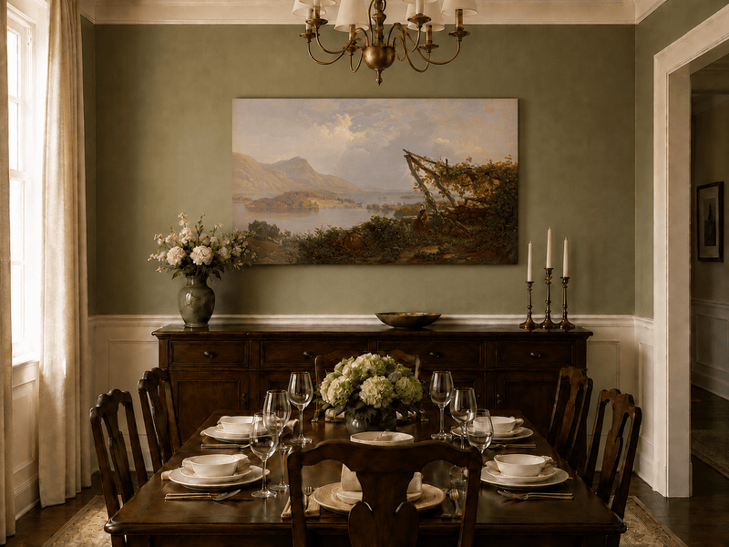 Landscape Oil Painting - Mountain Lake Woman by the Vineyard
