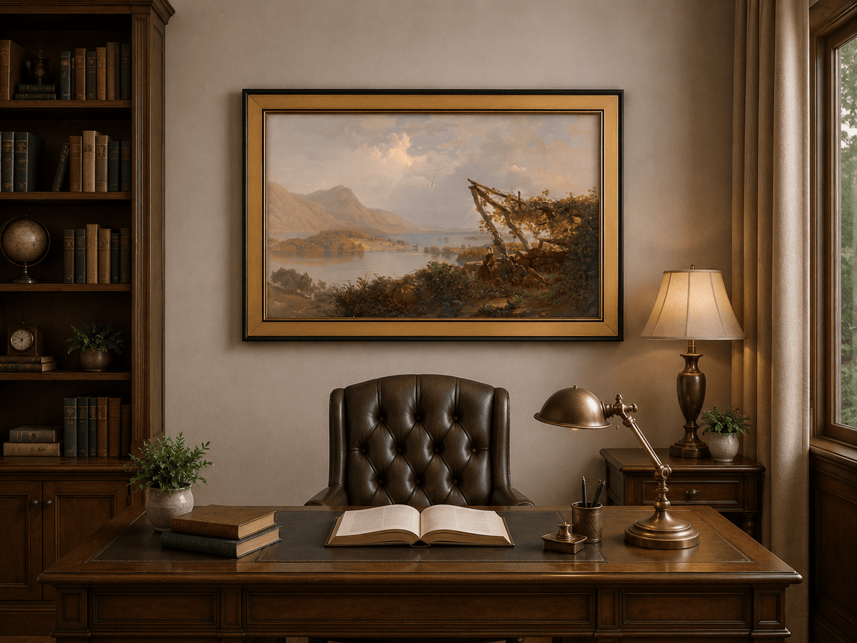 Landscape Oil Painting - Mountain Lake Woman by the Vineyard