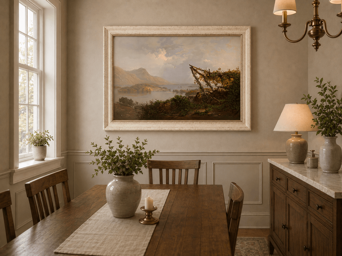 Landscape Oil Painting - Mountain Lake Woman by the Vineyard