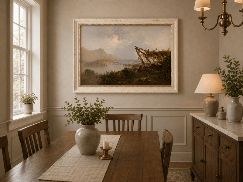 Landscape Oil Painting - Mountain Lake Woman by the Vineyard