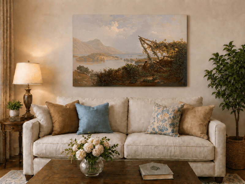 Landscape Oil Painting - Mountain Lake Woman by the Vineyard
