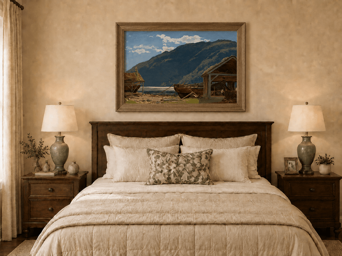 Landscape Oil Painting - Mountain Lakeside Boat Yard Scene