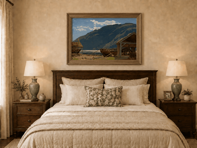 Landscape Oil Painting - Mountain Lakeside Boat Yard Scene