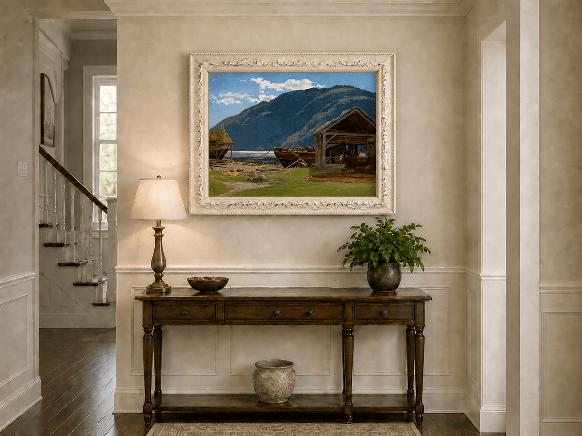 Landscape Oil Painting - Mountain Lakeside Boat Yard Scene
