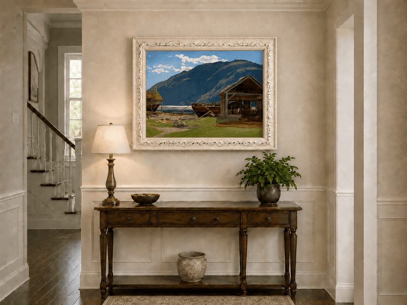 Landscape Oil Painting - Mountain Lakeside Boat Yard Scene