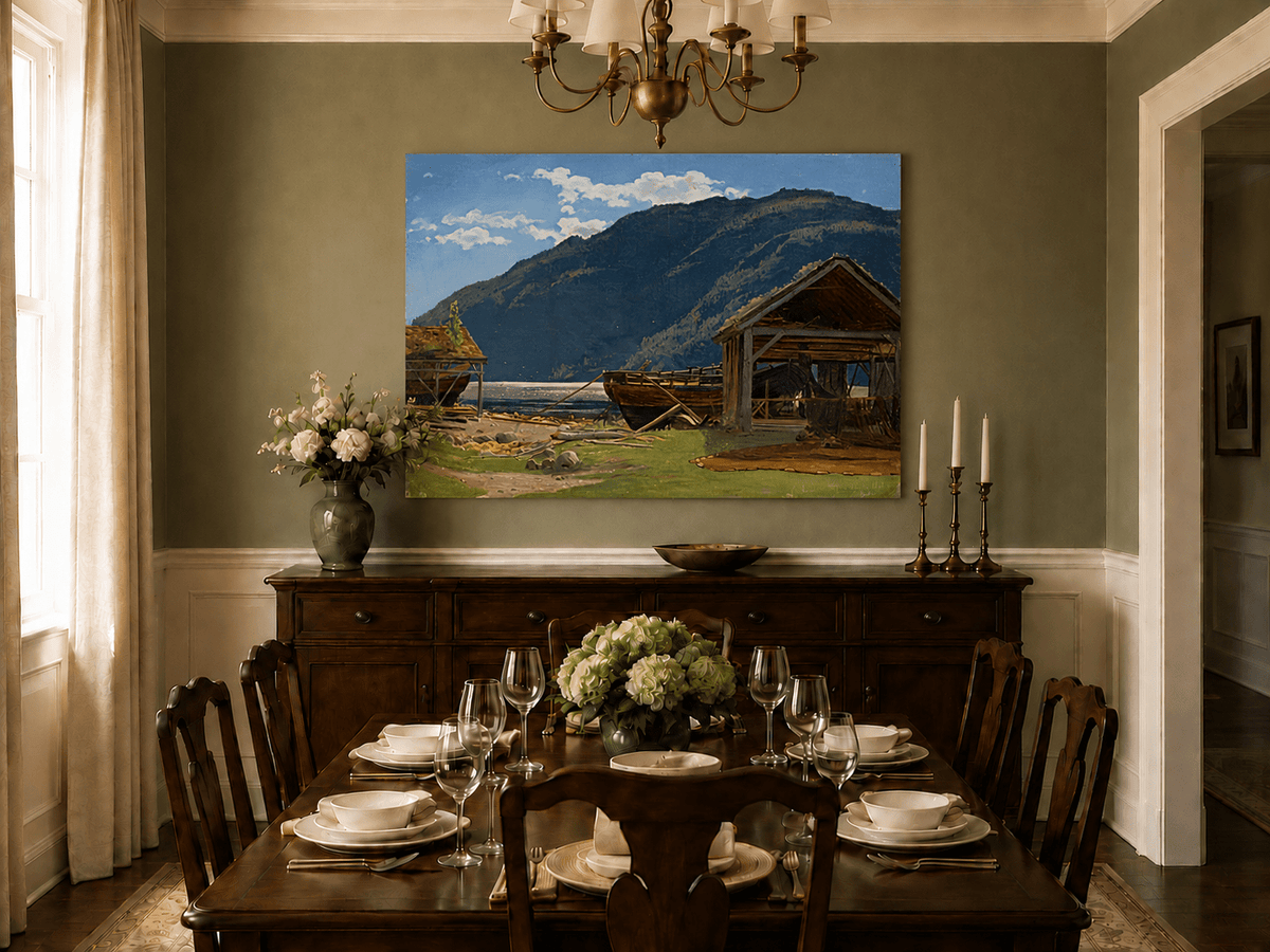 Landscape Oil Painting - Mountain Lakeside Boat Yard Scene