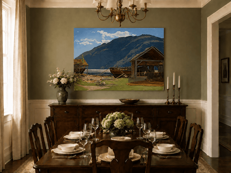 Landscape Oil Painting - Mountain Lakeside Boat Yard Scene
