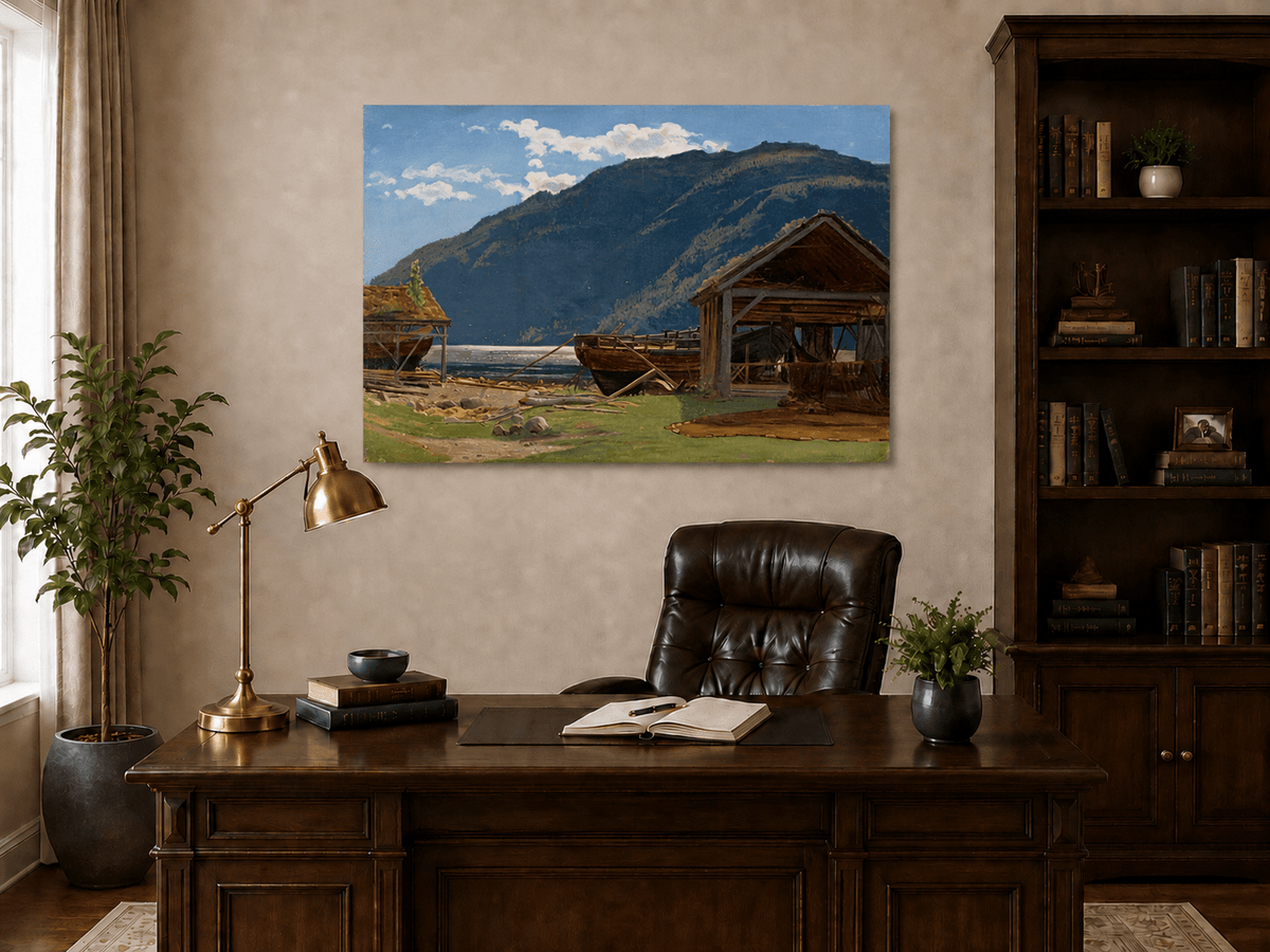 Landscape Oil Painting - Mountain Lakeside Boat Yard Scene