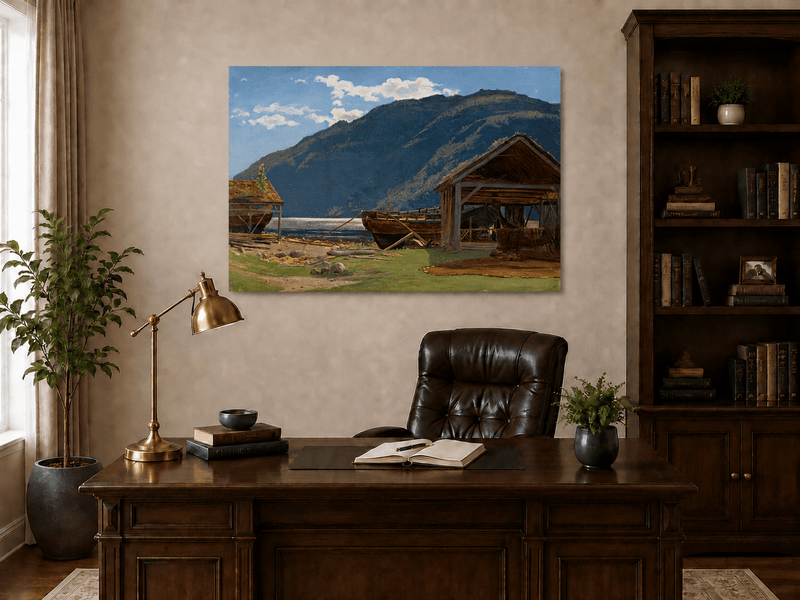 Landscape Oil Painting - Mountain Lakeside Boat Yard Scene