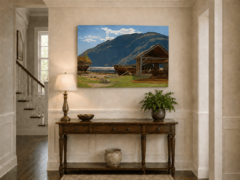 Landscape Oil Painting - Mountain Lakeside Boat Yard Scene