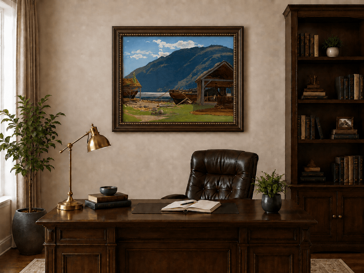 Landscape Oil Painting - Mountain Lakeside Boat Yard Scene