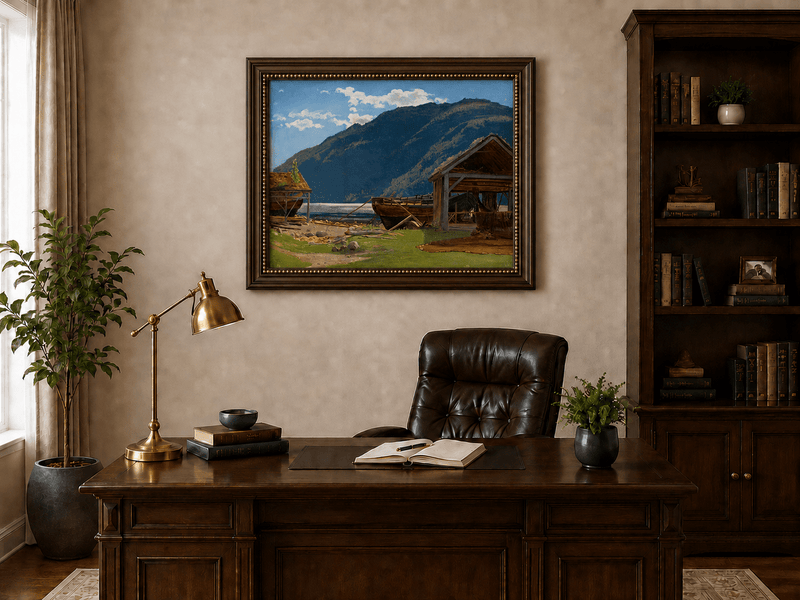 Landscape Oil Painting - Mountain Lakeside Boat Yard Scene