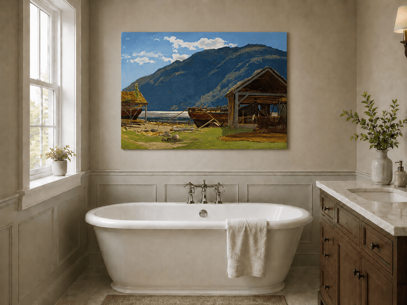 Landscape Oil Painting - Mountain Lakeside Boat Yard Scene