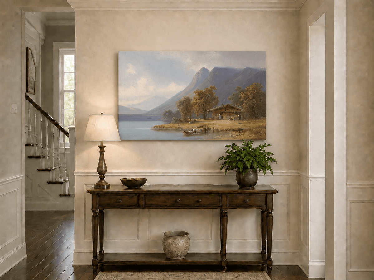 Landscape Oil Painting - Mountain Lakeside Cabin Figures, Boats